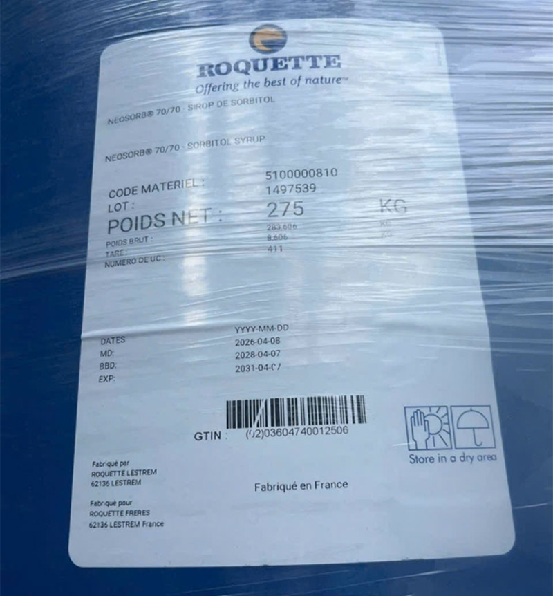 Liquid sorbitol food additive, 275kg drum